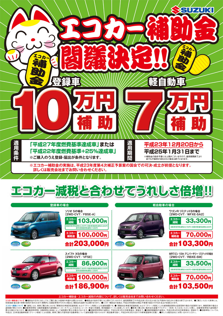 エコカー補助金閣議決定!!